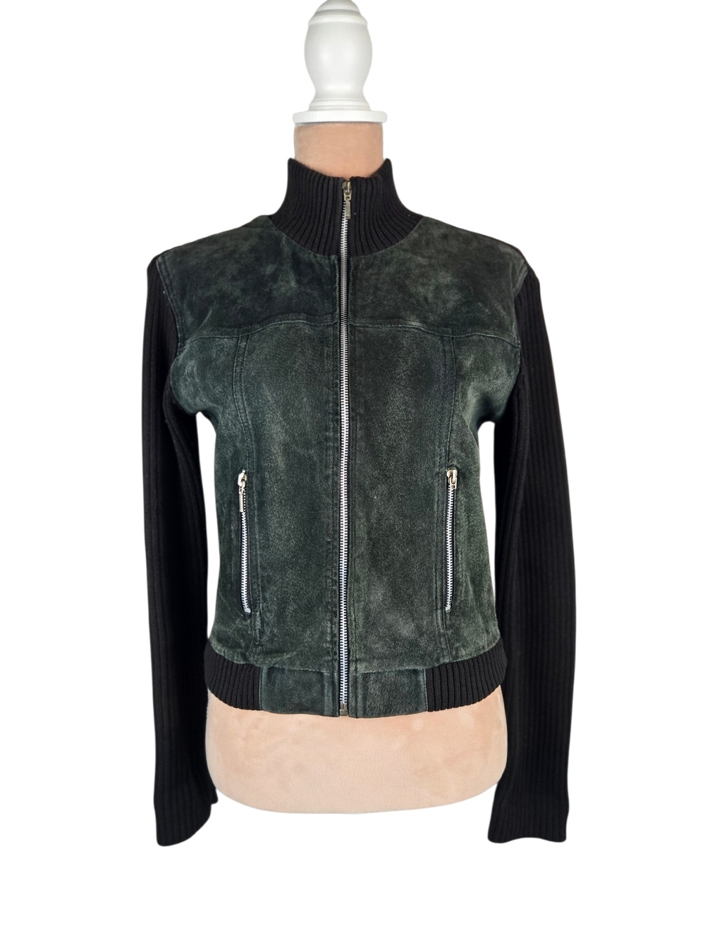 Airport Suede Leather Bomber Jacket Ribbed Knit Cotton Back Zip Up Black Medium
